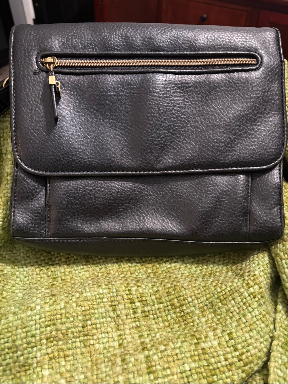 Relic Black Leather Messenger Bag with Gold-Zip Accent